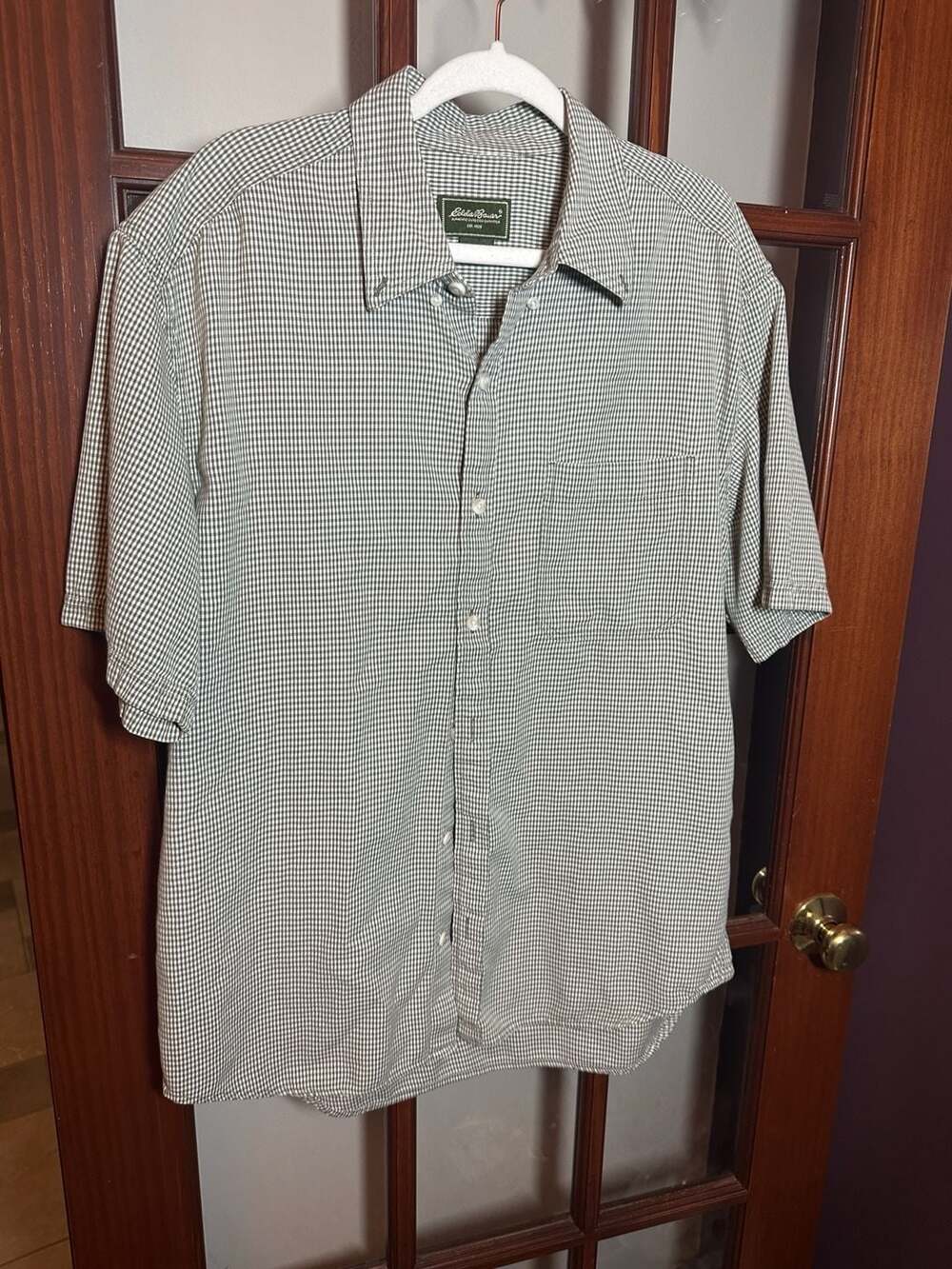 Eddie Bauer Gingham Button-Down Shirt L Green Check Short Sleeve 100% cotton